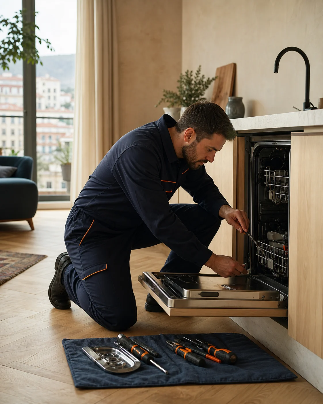 Home Fix specialist repairing a dishwasher in a Tbilisi apartment